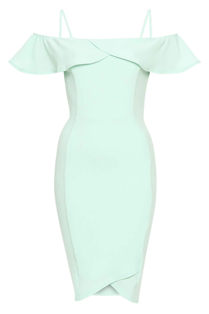 Green Bodycon Midi Dress Featuring A Bardot Frill - Image 4