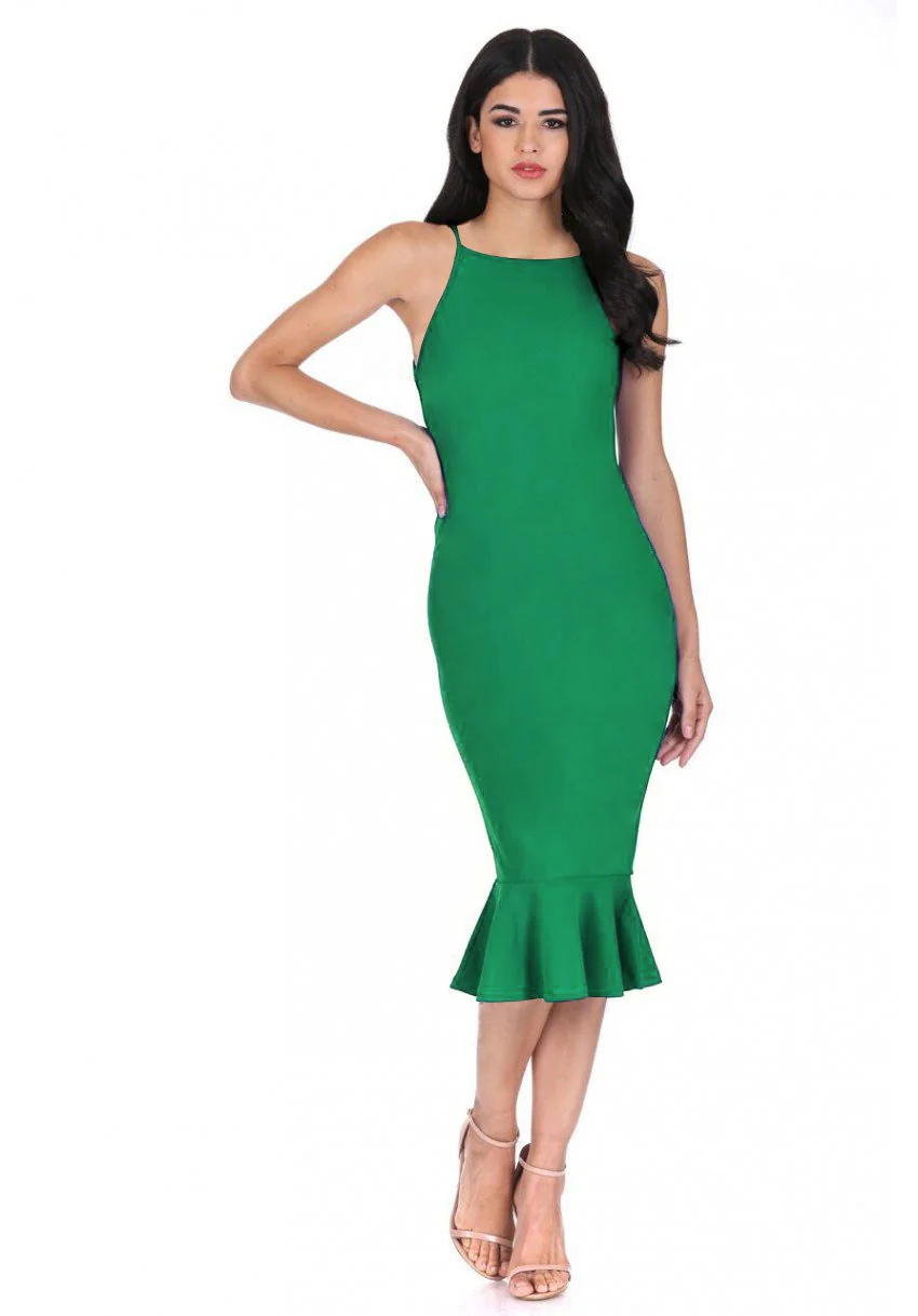 Green Bodycon Midi Dress With Frill Hem - Image 2
