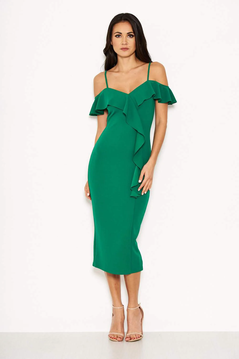 Green Cold Shoulder Frill Detail Midi Dress - Image 3