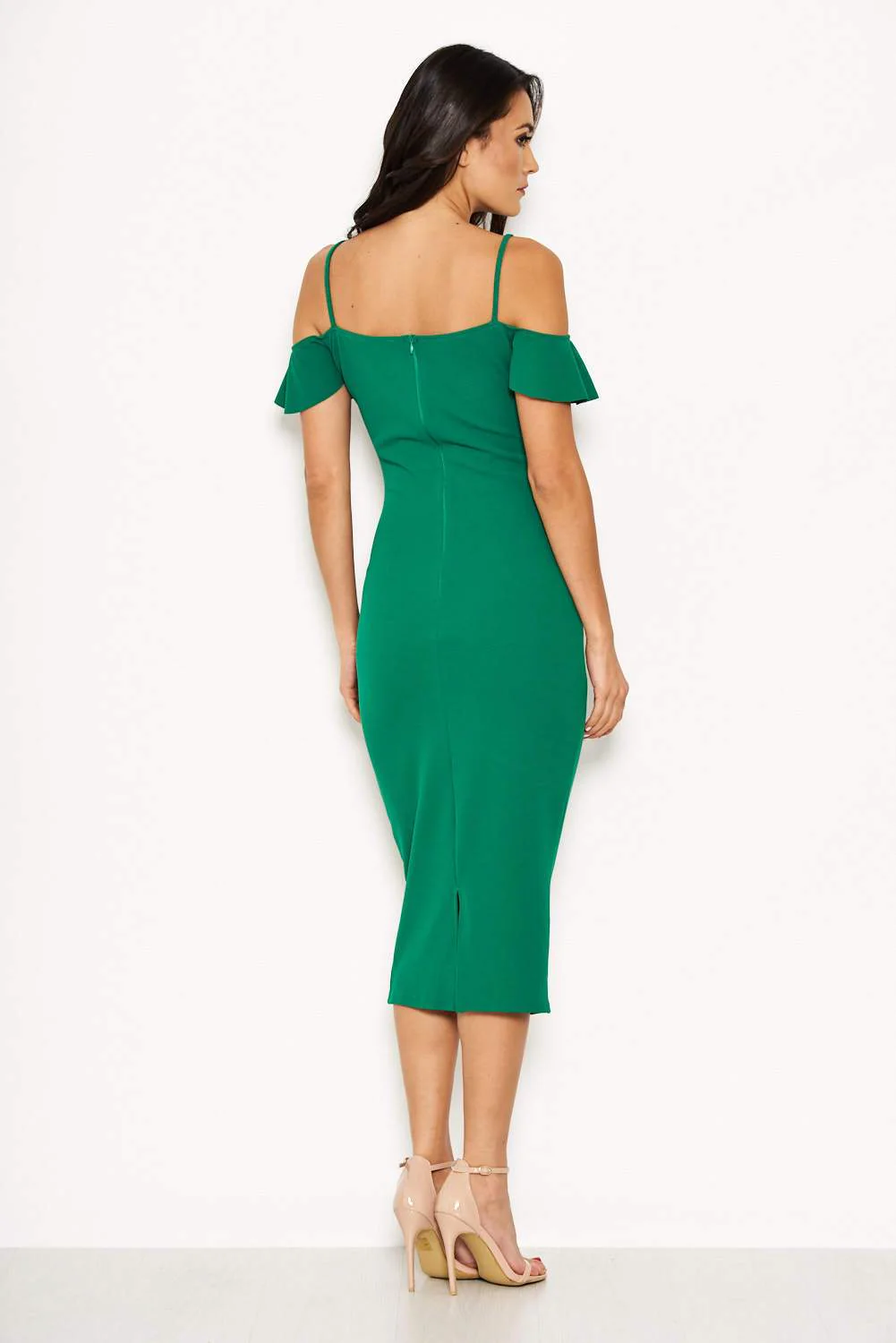 Green Cold Shoulder Frill Detail Midi Dress - Image 4