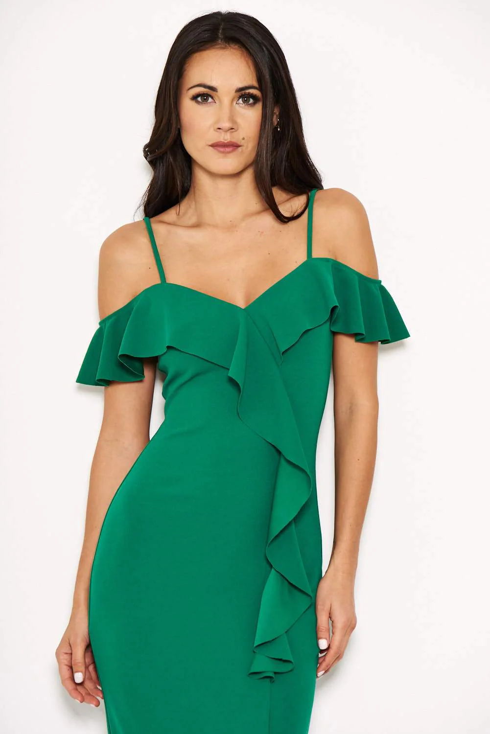 Green Cold Shoulder Frill Detail Midi Dress - Image 5