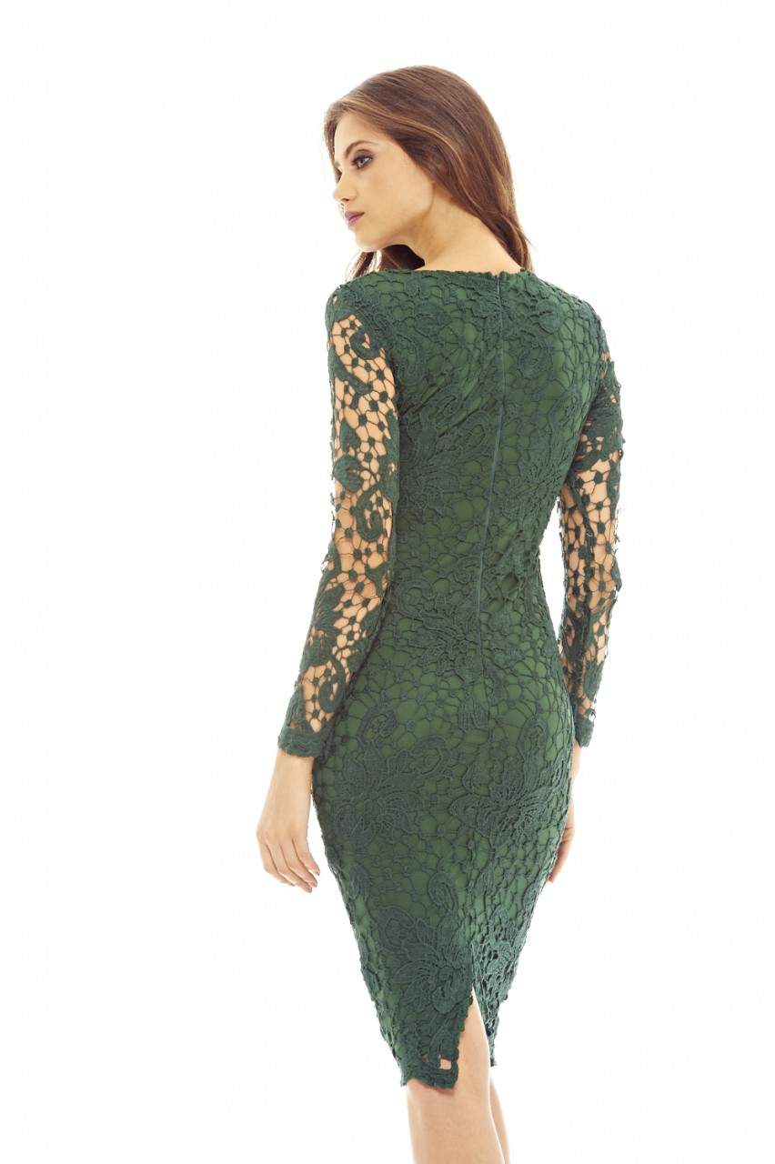 Green Crochet Dress with Long Sleeves Detail - Image 3