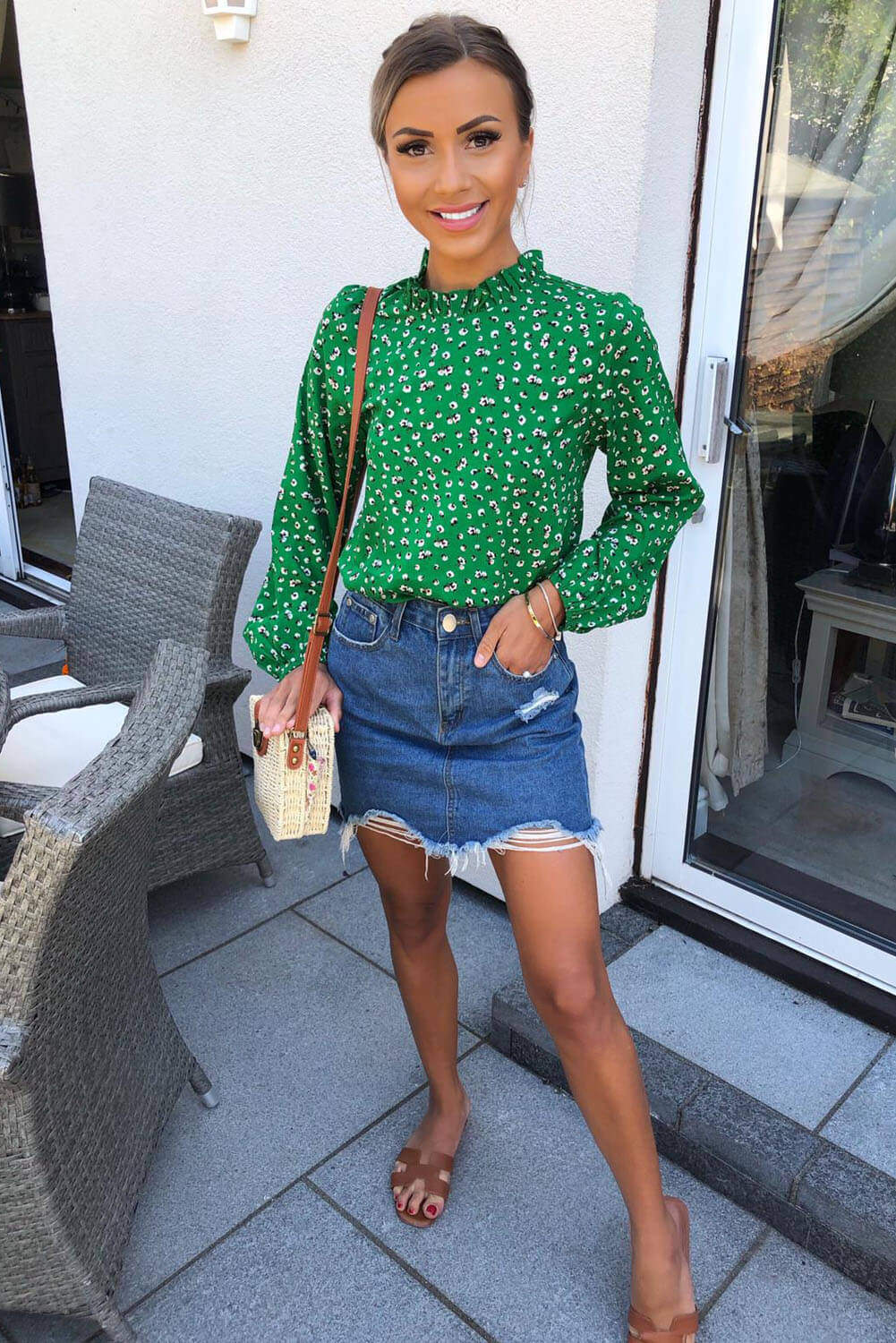 Green Ditsy Floral Frill Neck Top - Image 3