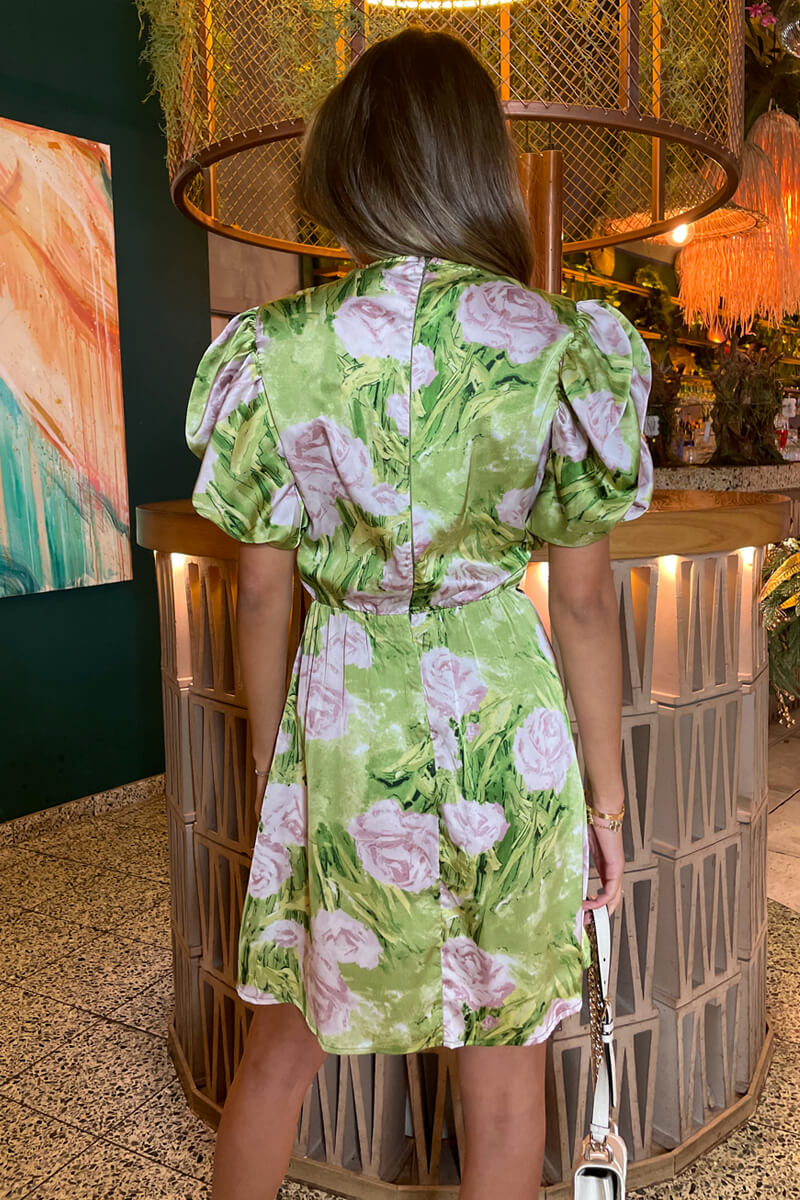 Green Floral Print Short Puff Sleeve Gathered Side Mini Dress - Image 6
