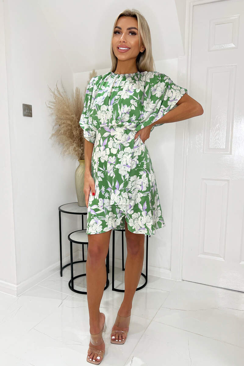 Green Floral Printed Batwing Mini Dress - Image 3