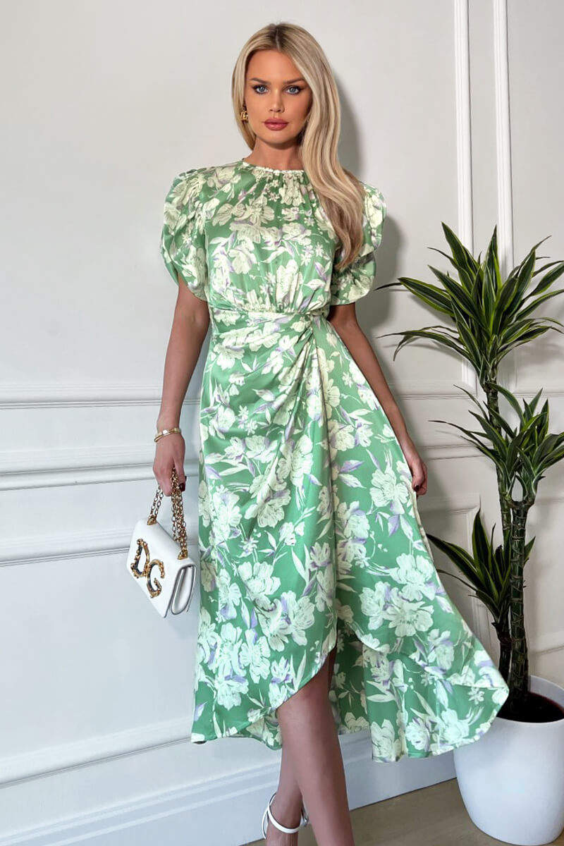 Green Floral Printed Short Puff Sleeve Gathered Side Midi Dress - Image 3
