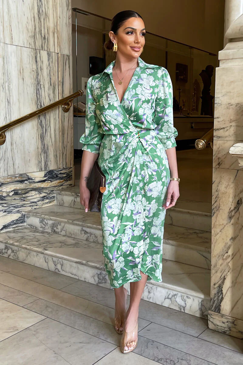 Green Floral Wrap Shirt Midi Dress - Image 2