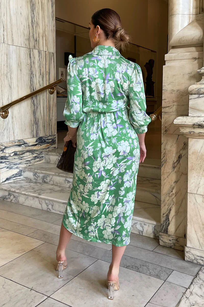 Green Floral Wrap Shirt Midi Dress - Image 4