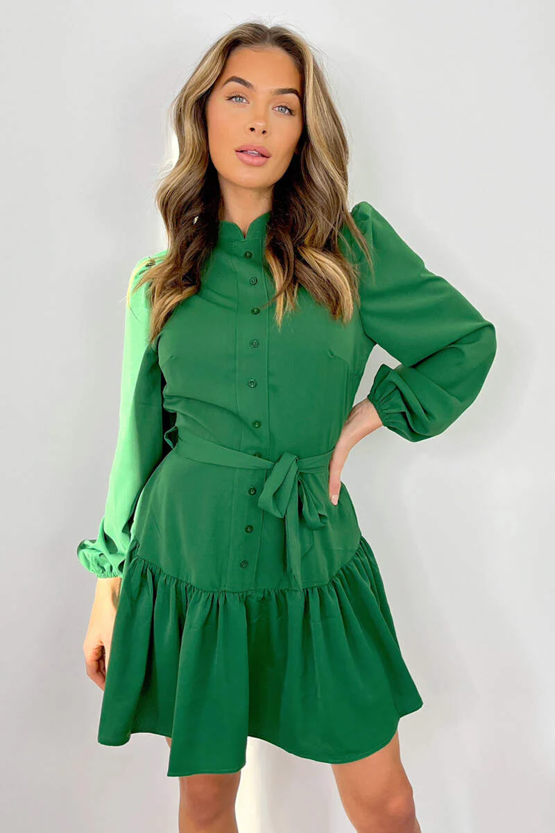 Green High Neck Button Frill Hem Dress - Image 2