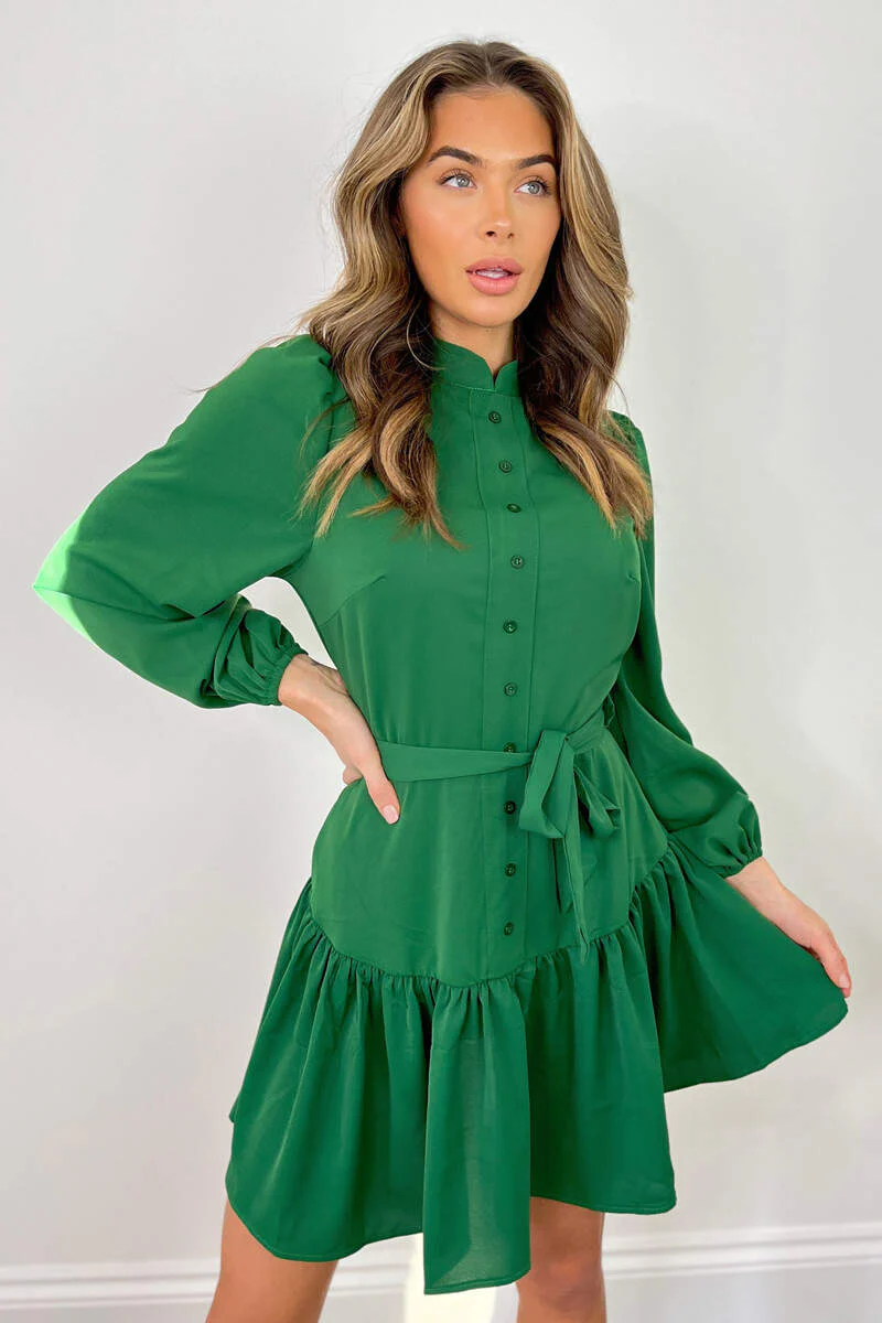 Green High Neck Button Frill Hem Dress - Image 3