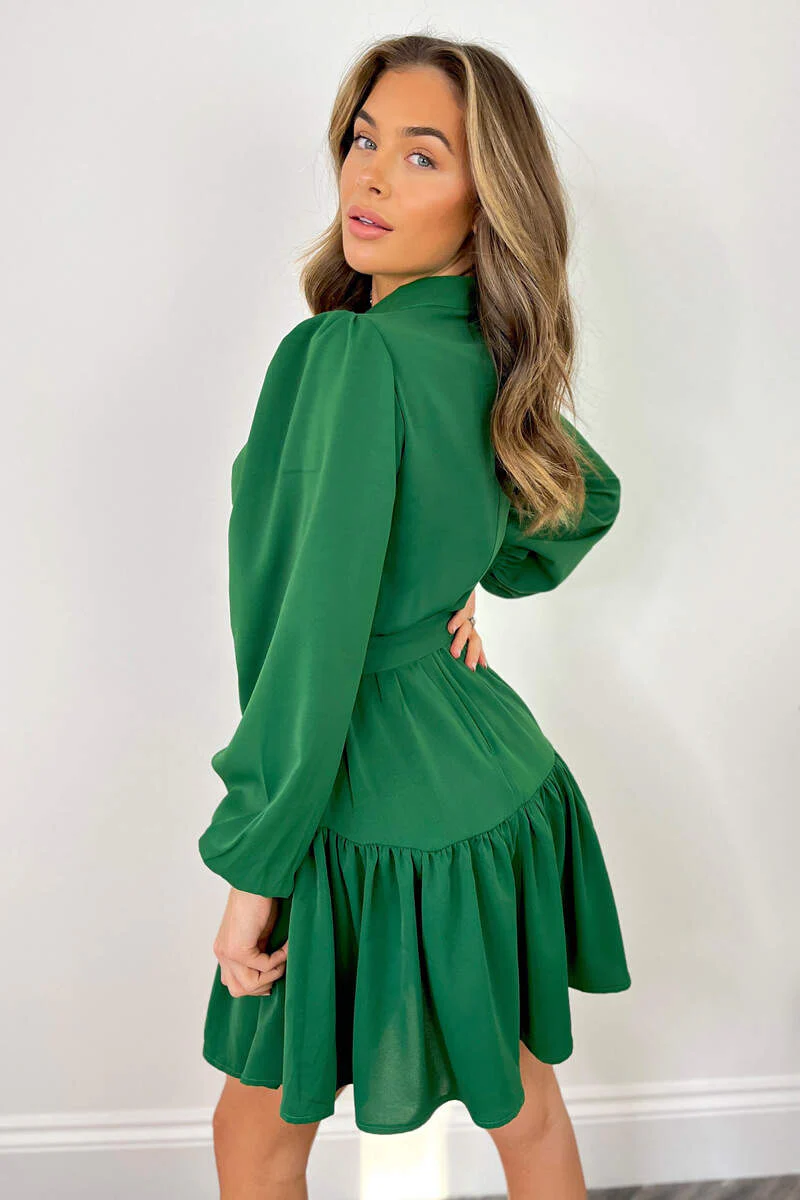 Green High Neck Button Frill Hem Dress - Image 4