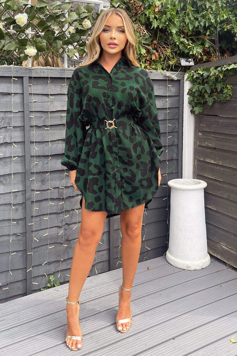 Green Leopard Print Belted Shirt Dress - Image 2