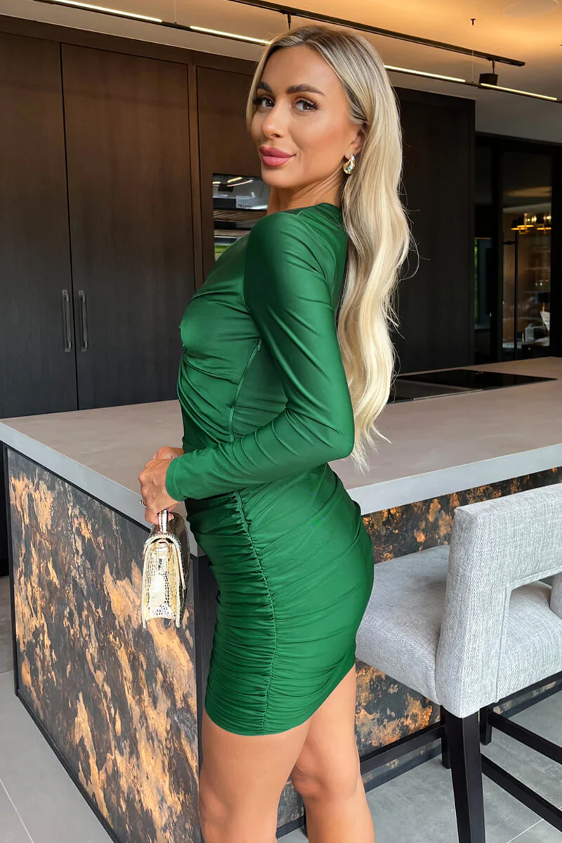Green Long Sleeve V Neck Knot Detail Cut Out Ruched Skirt Mini Dress - Image 4