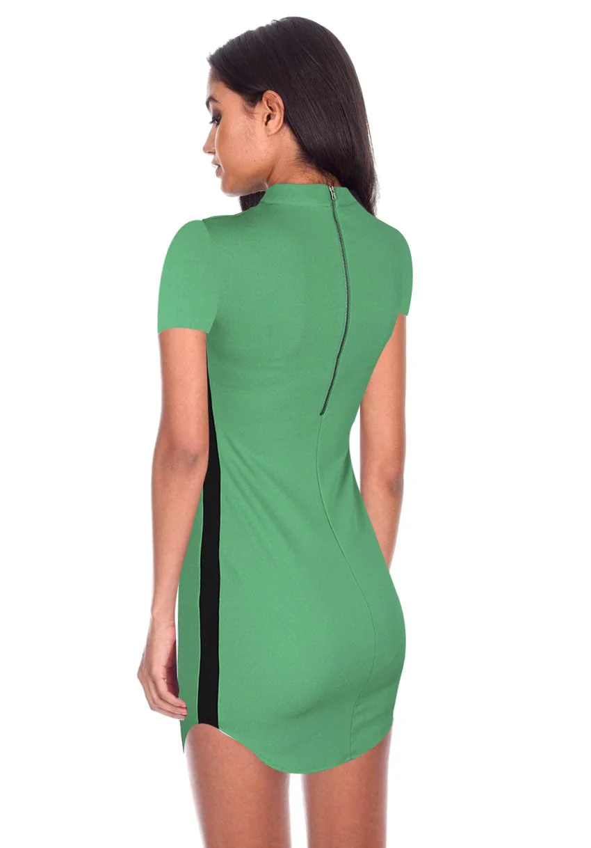 Green Mini Dress With Black Panel Detailing - Image 2
