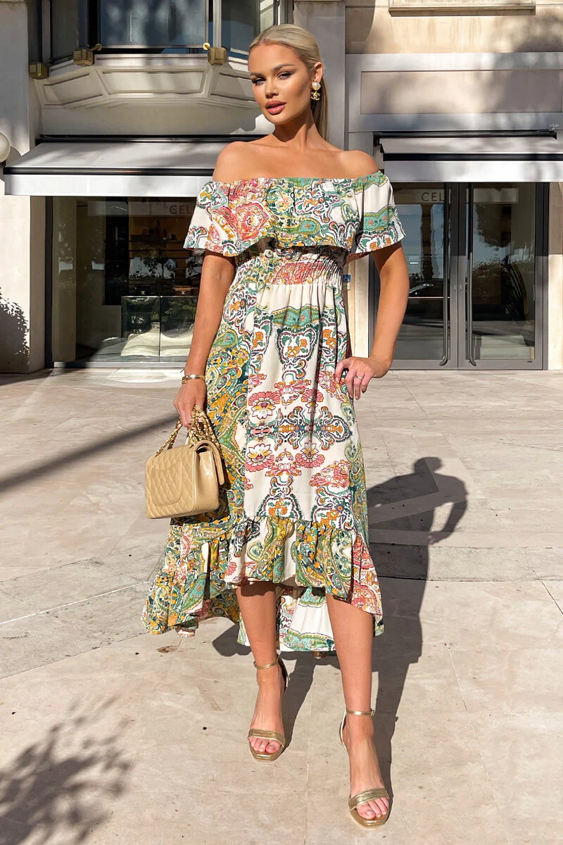 Green Paisley Multi Printed Bardot Style Midi Dress - Image 3