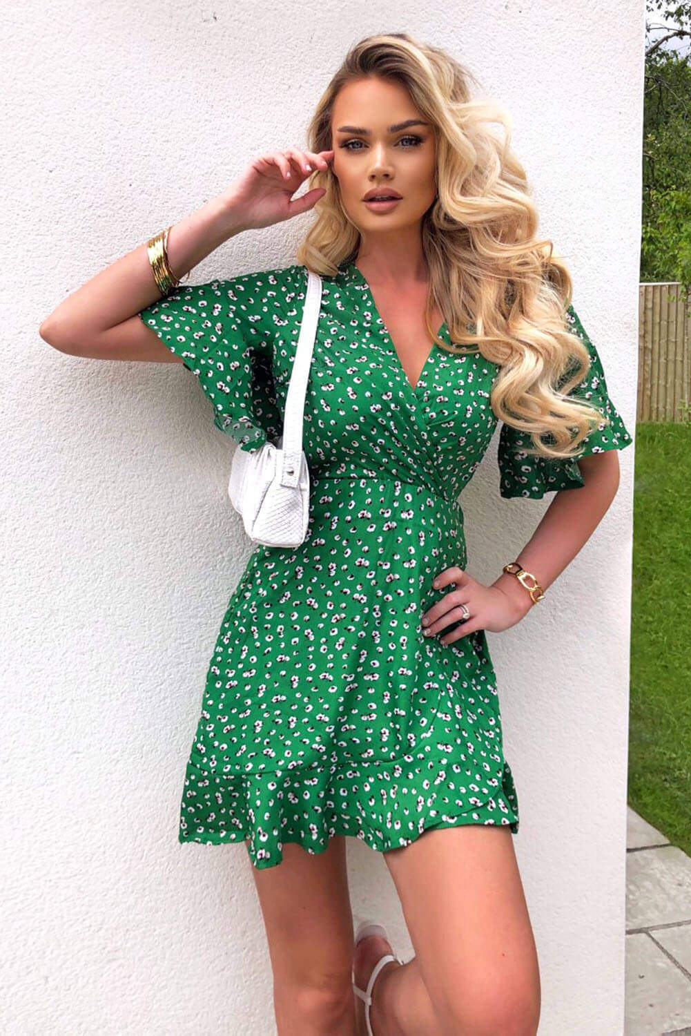Green Patterned Wrap Frill Mini Dress - Image 2