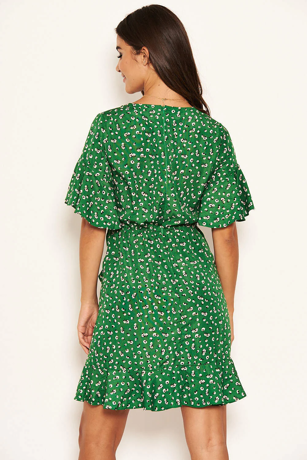 Green Patterned Wrap Frill Mini Dress - Image 3
