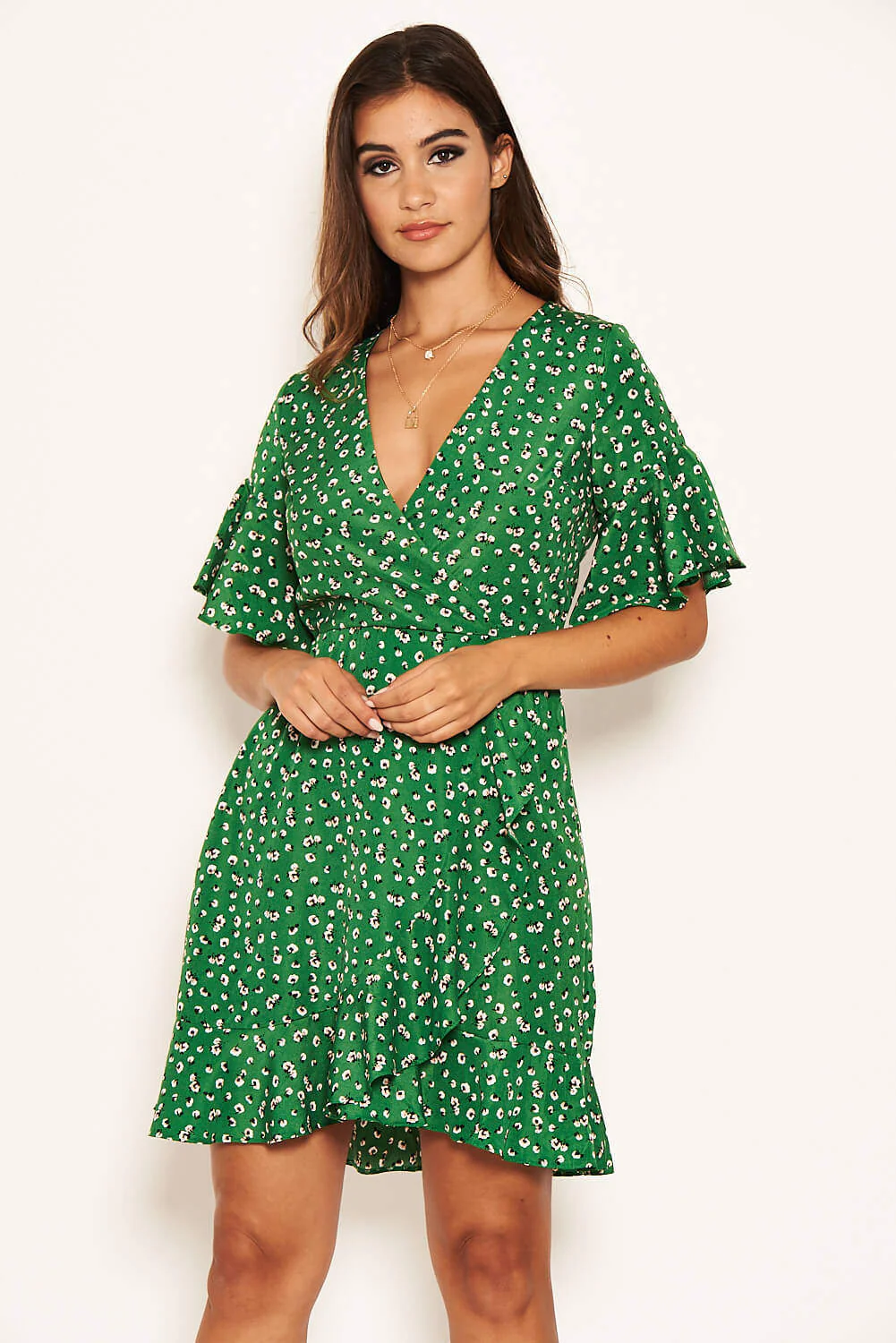 Green Patterned Wrap Frill Mini Dress - Image 4