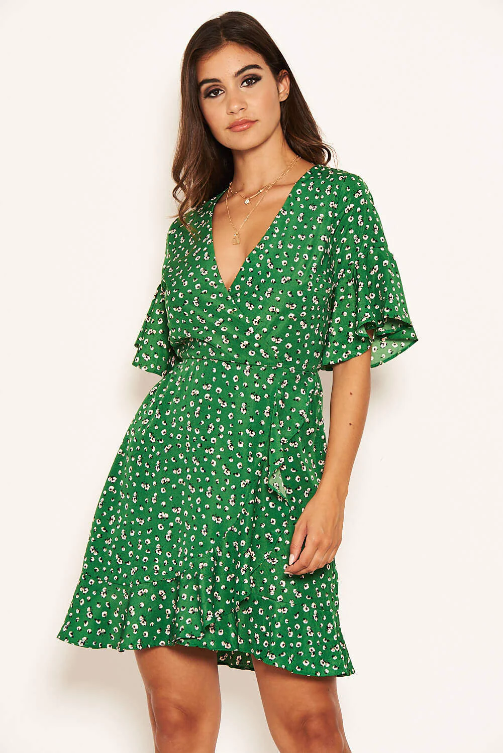 Green Patterned Wrap Frill Mini Dress - Image 5