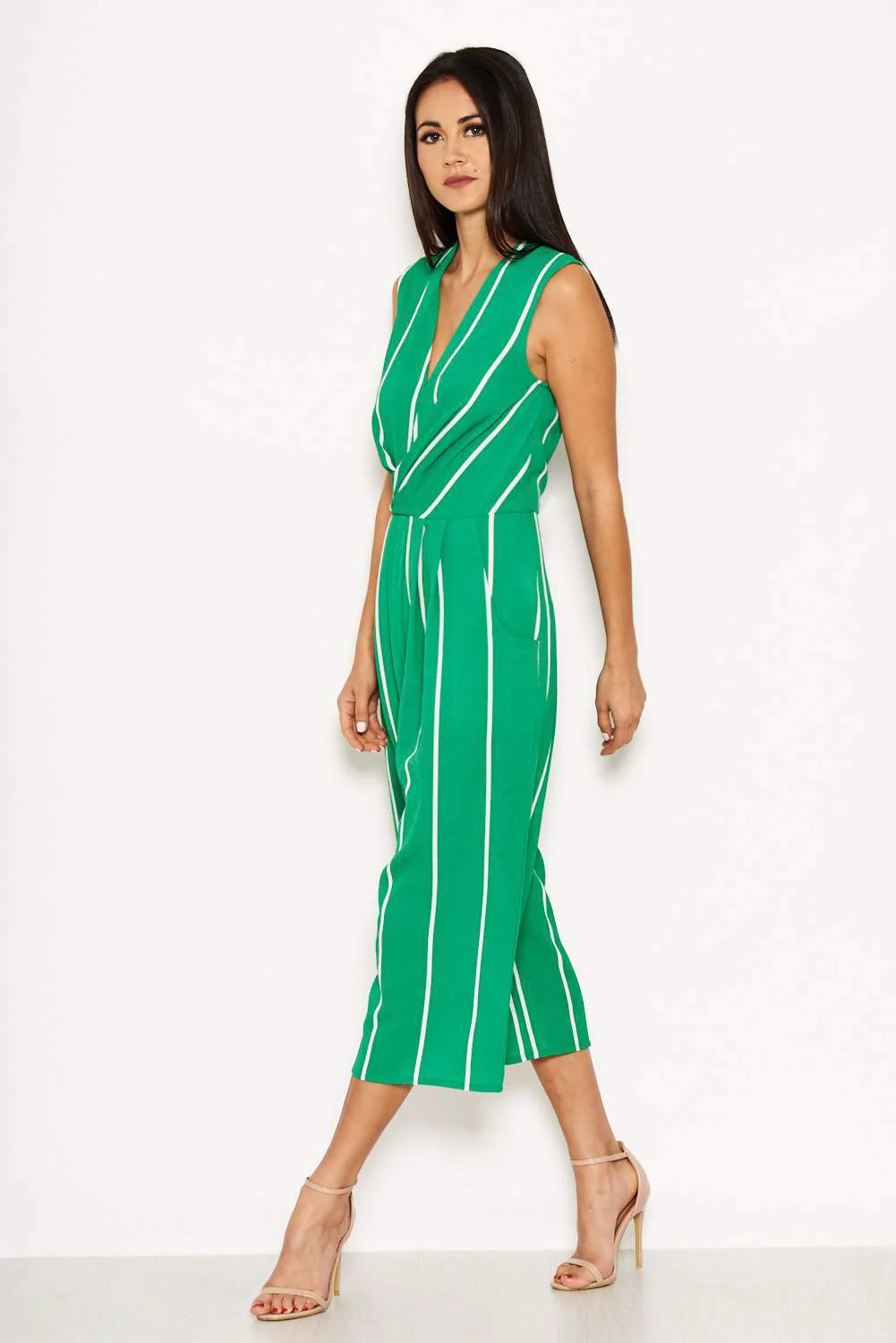 Green Pin Striped Culotte Jumpsuit - Image 2