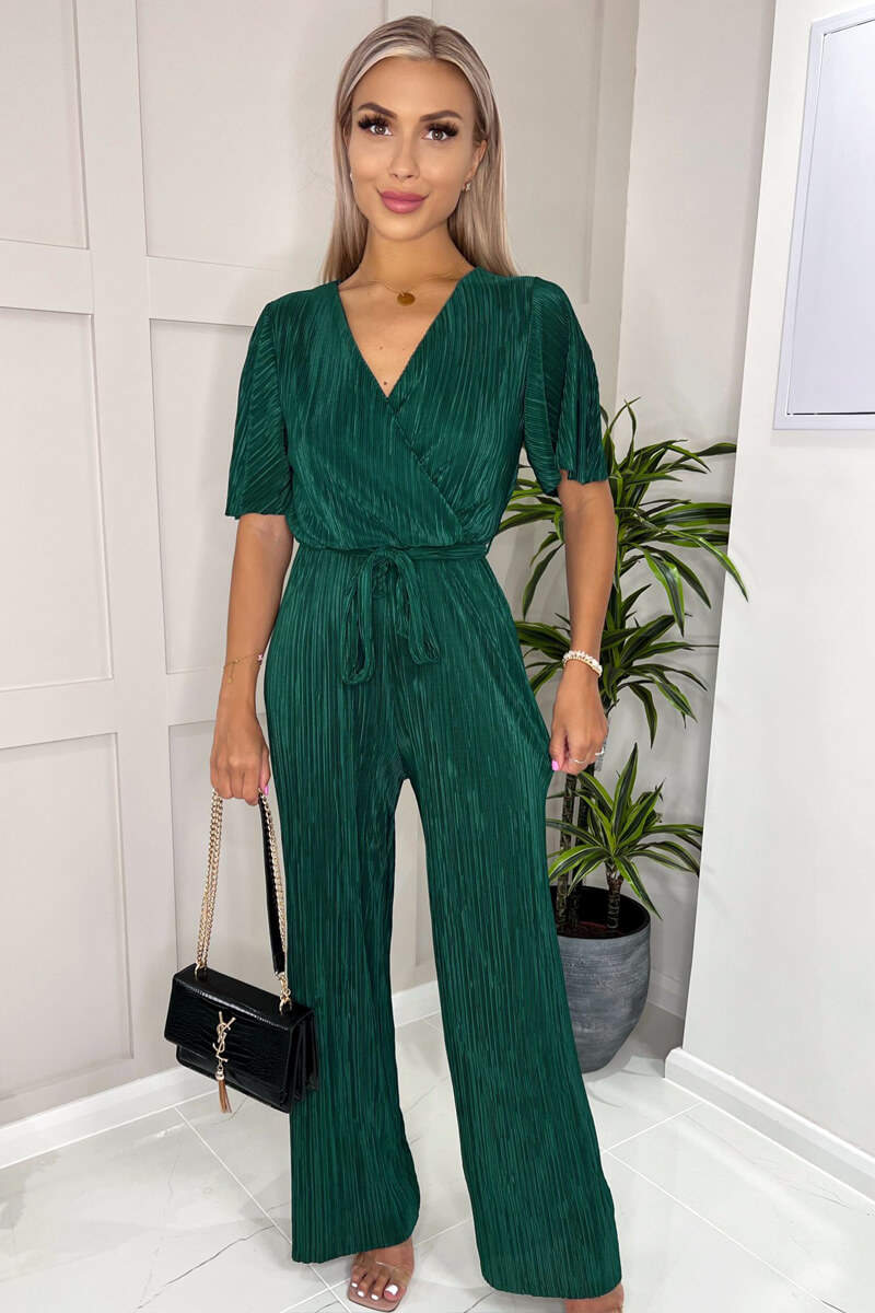 Green Plisse Wrap Top Jumpsuit - Image 2