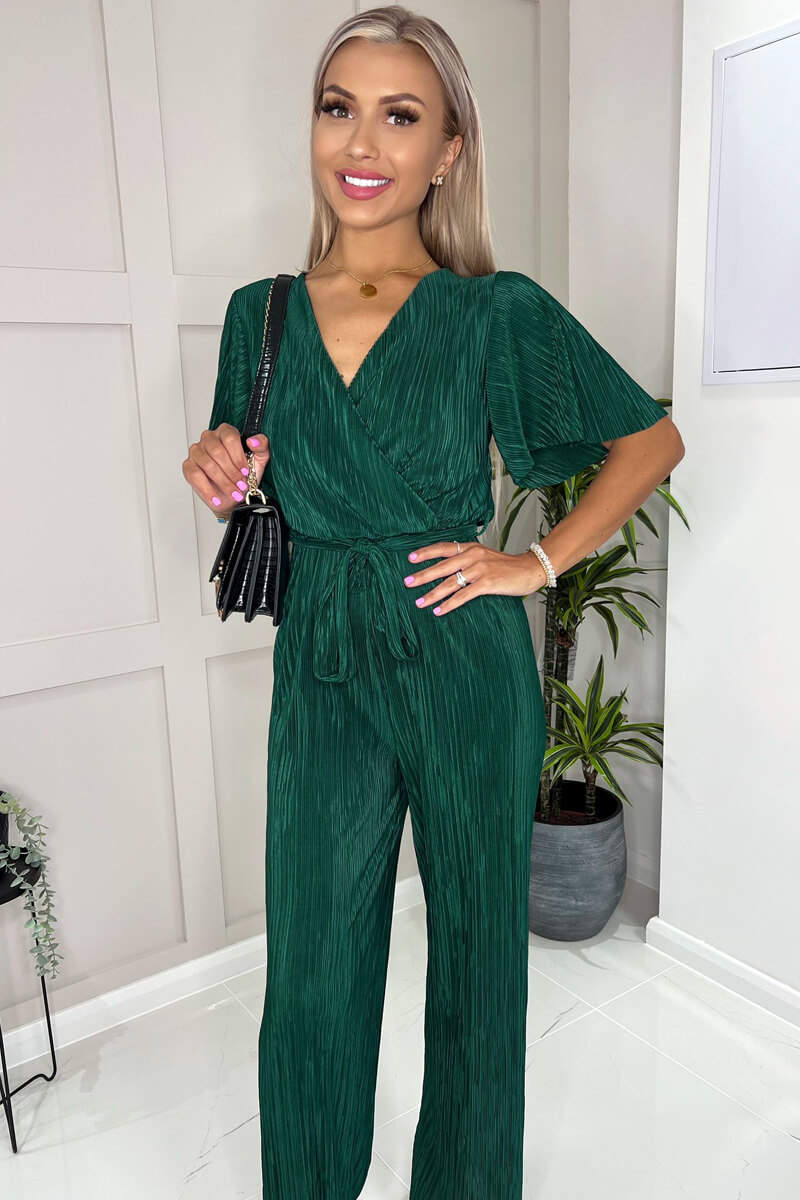Green Plisse Wrap Top Jumpsuit - Image 3