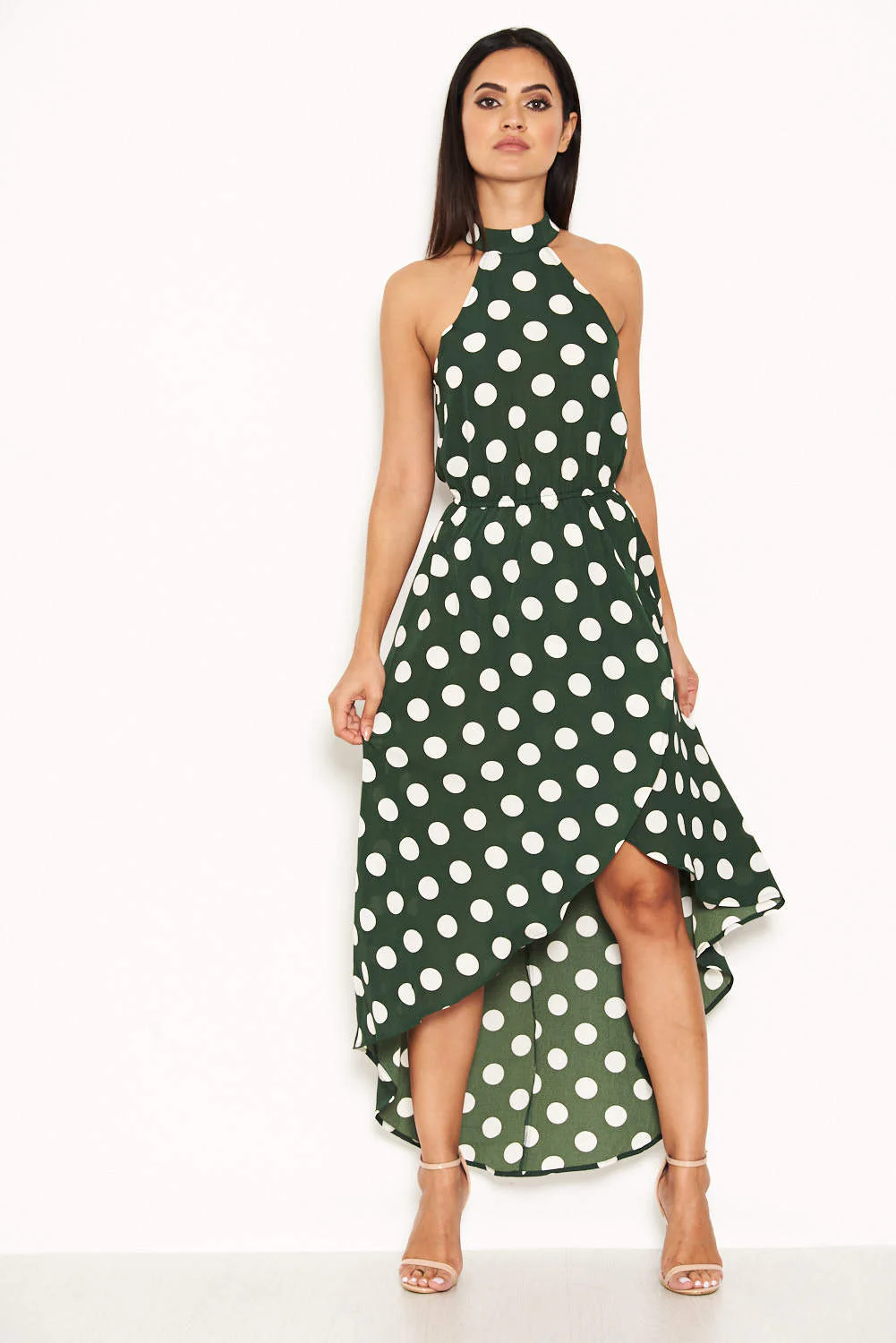 Green Polka Dot High Neck Wrap Dress - Image 2