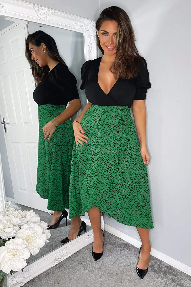 Green Printed 2 in 1 Wrap Over Tie Side Dress - Image 4