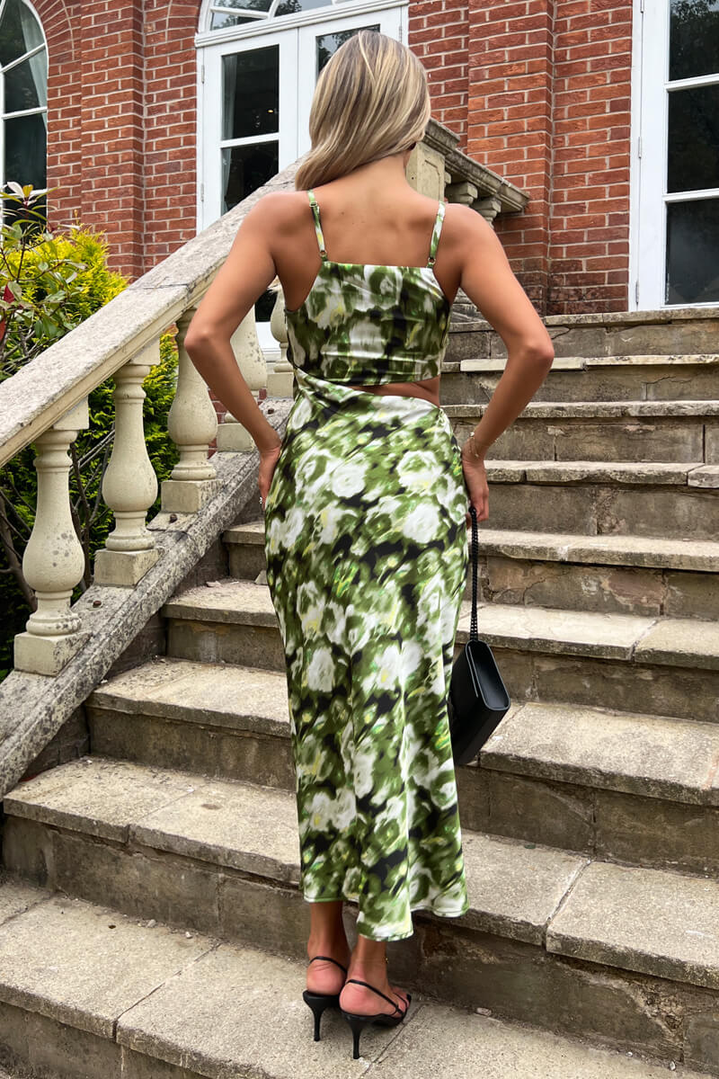 Green Printed Asymmetric Cut Out Midi Dress - Image 5