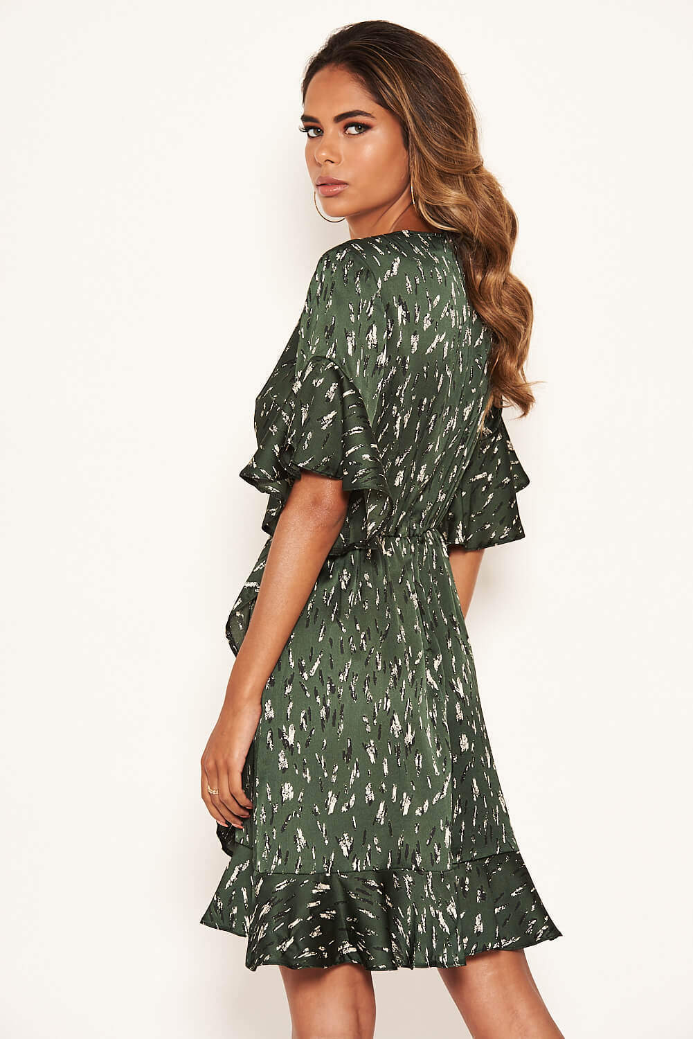 Green Printed Full Wrap Mini Dress - Image 4