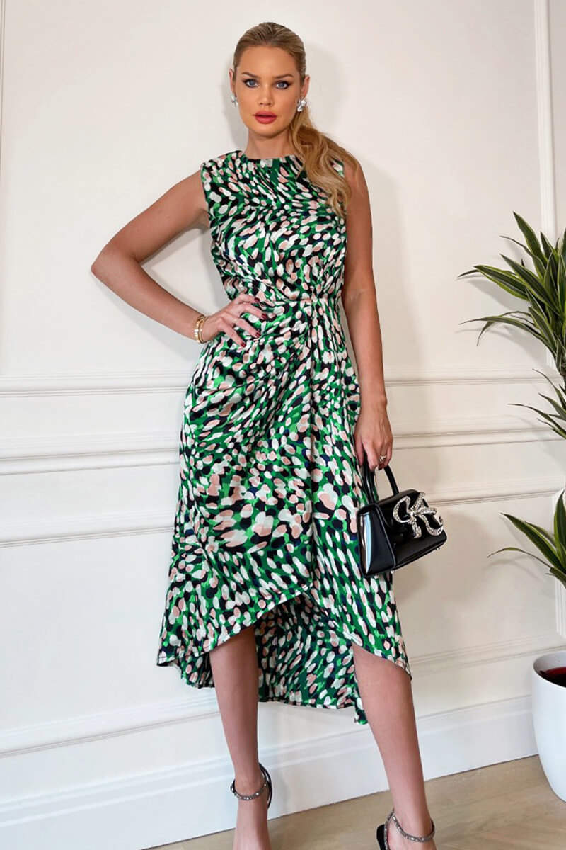 Green Printed Gathered Waist Midi Dress With Padded Shoulders - Image 2