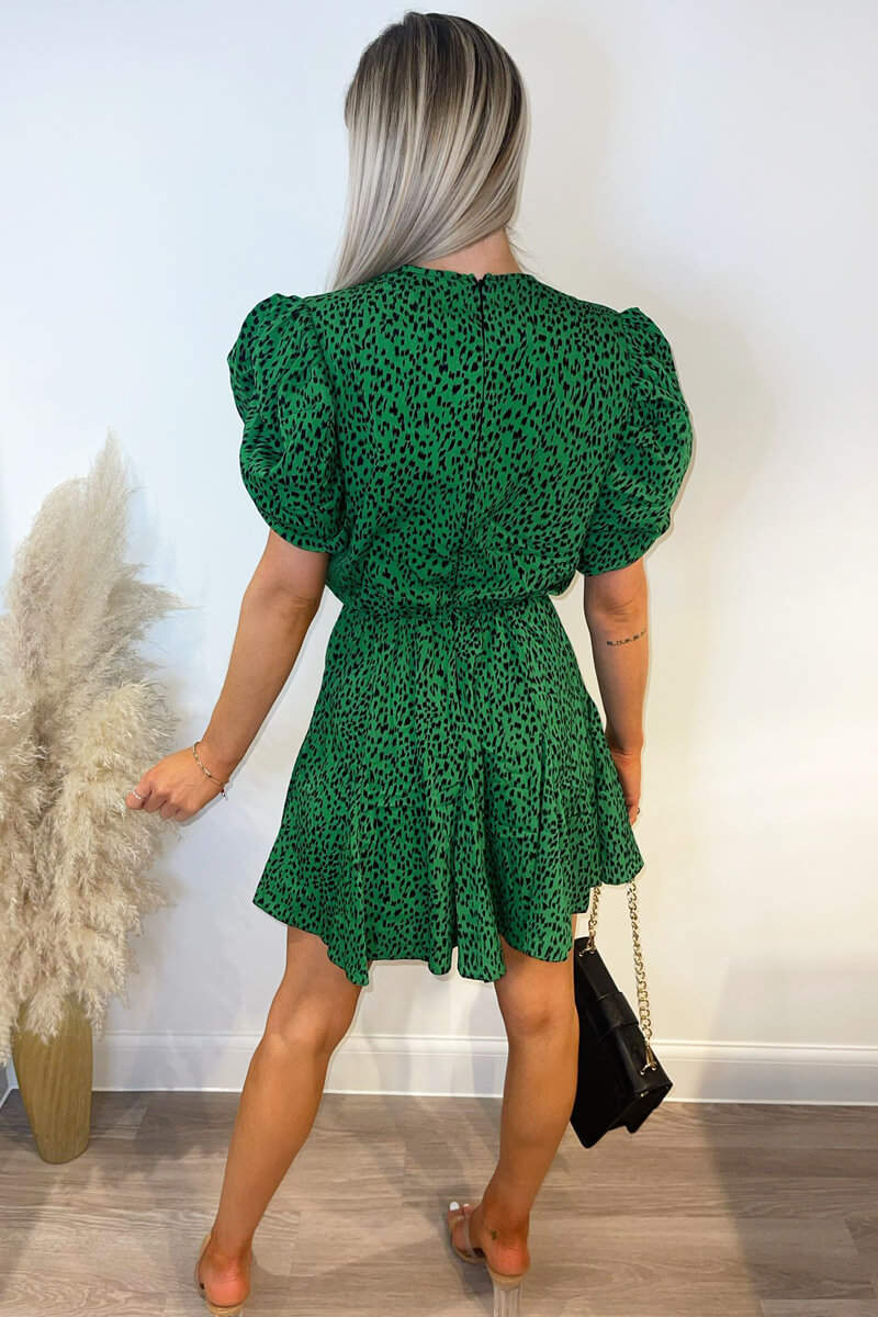 Green Printed Puff Sleeve Pleated Mini Dress - Image 4