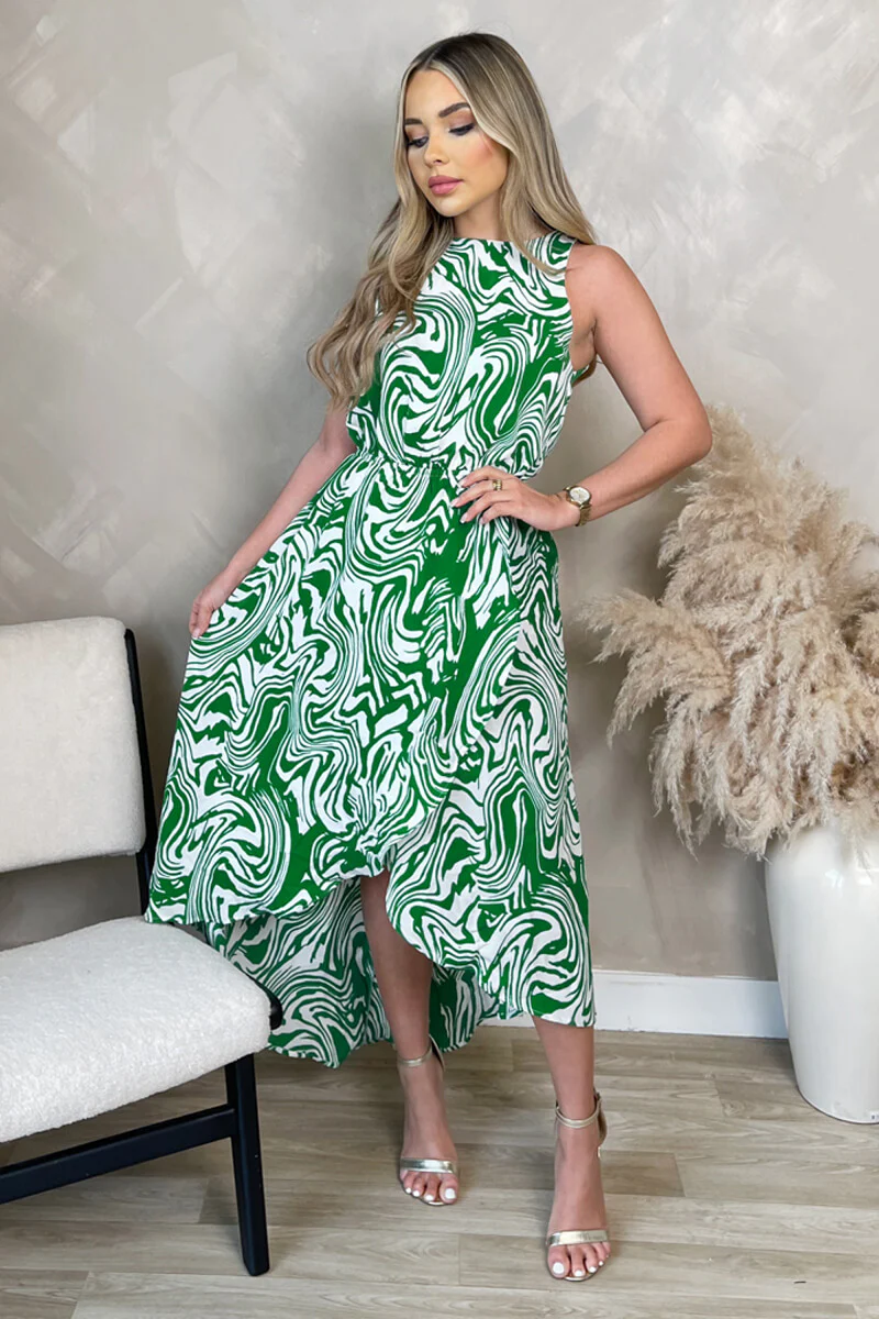 Green Printed Round Neck Sleeveless Wrap Skirt Midi Dress - Image 3