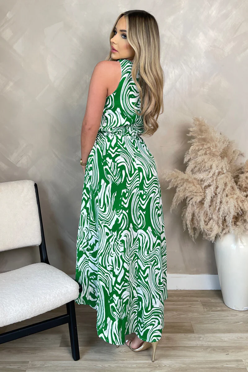 Green Printed Round Neck Sleeveless Wrap Skirt Midi Dress - Image 4