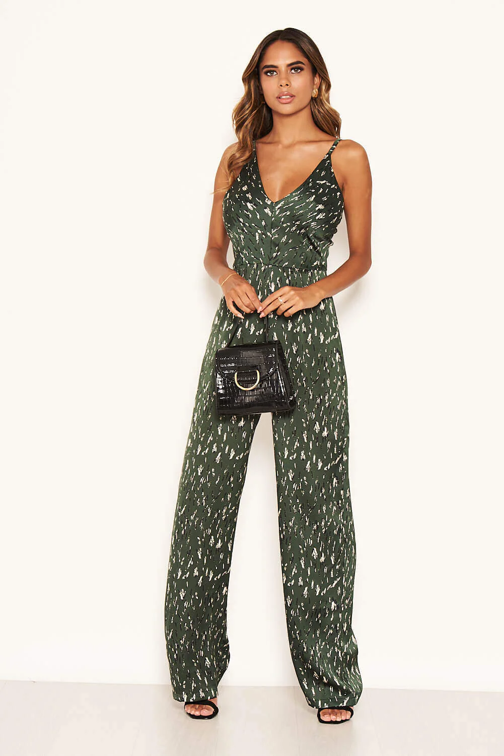 Green Printed Satin Wide Leg Jumpsuit - Image 2