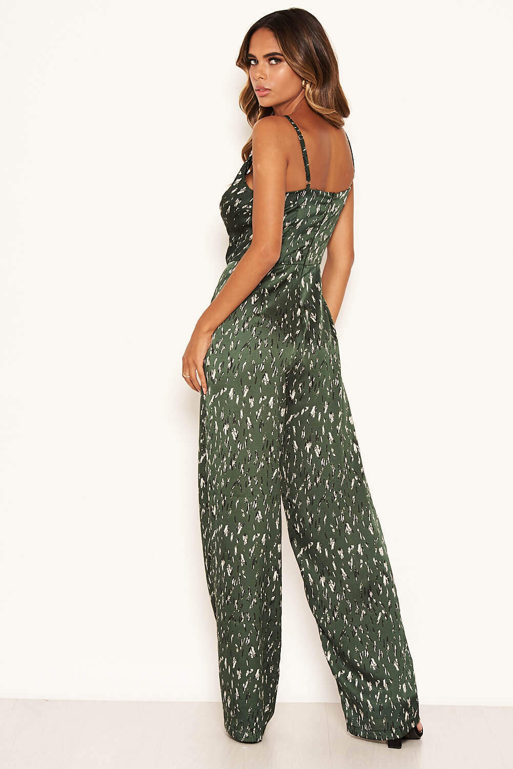 Green Printed Satin Wide Leg Jumpsuit - Image 3