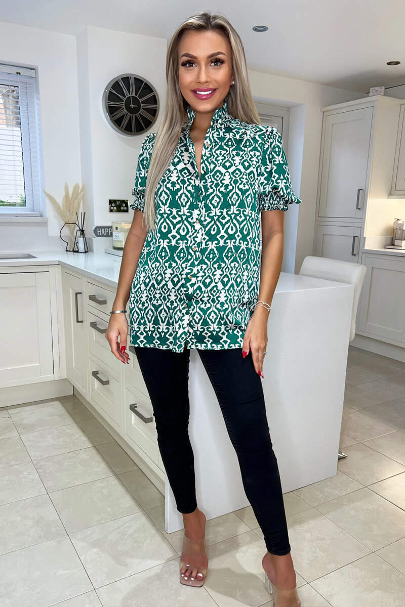 Green Printed Short Sleeve Button Up Shirt - Image 3