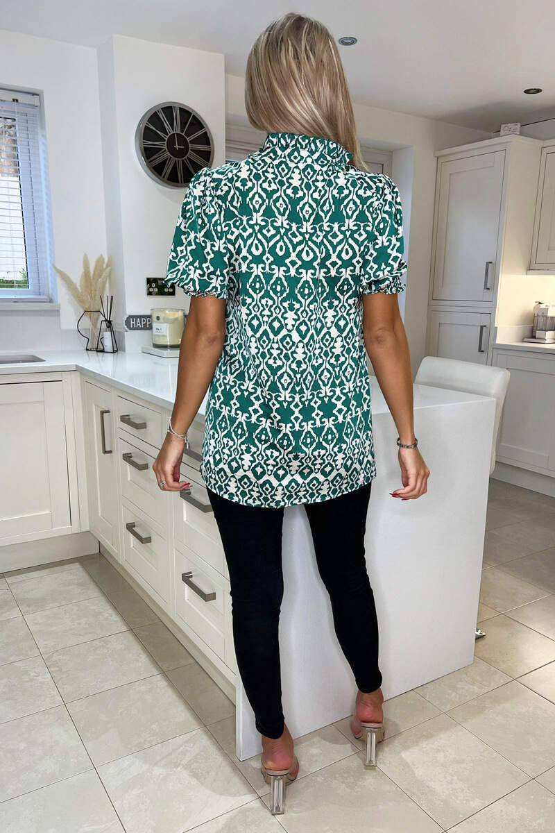 Green Printed Short Sleeve Button Up Shirt - Image 4