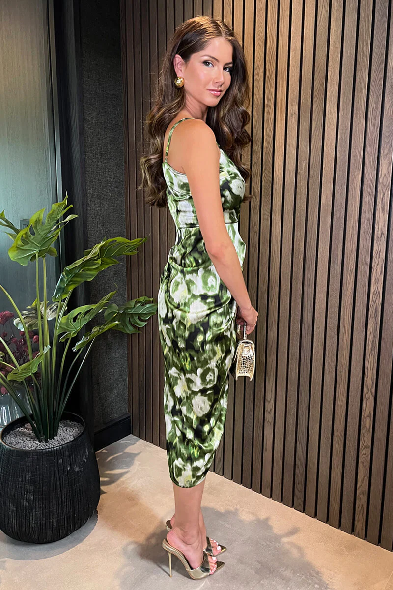 Green Printed Strappy Gathered Side Midi Dress - Image 4