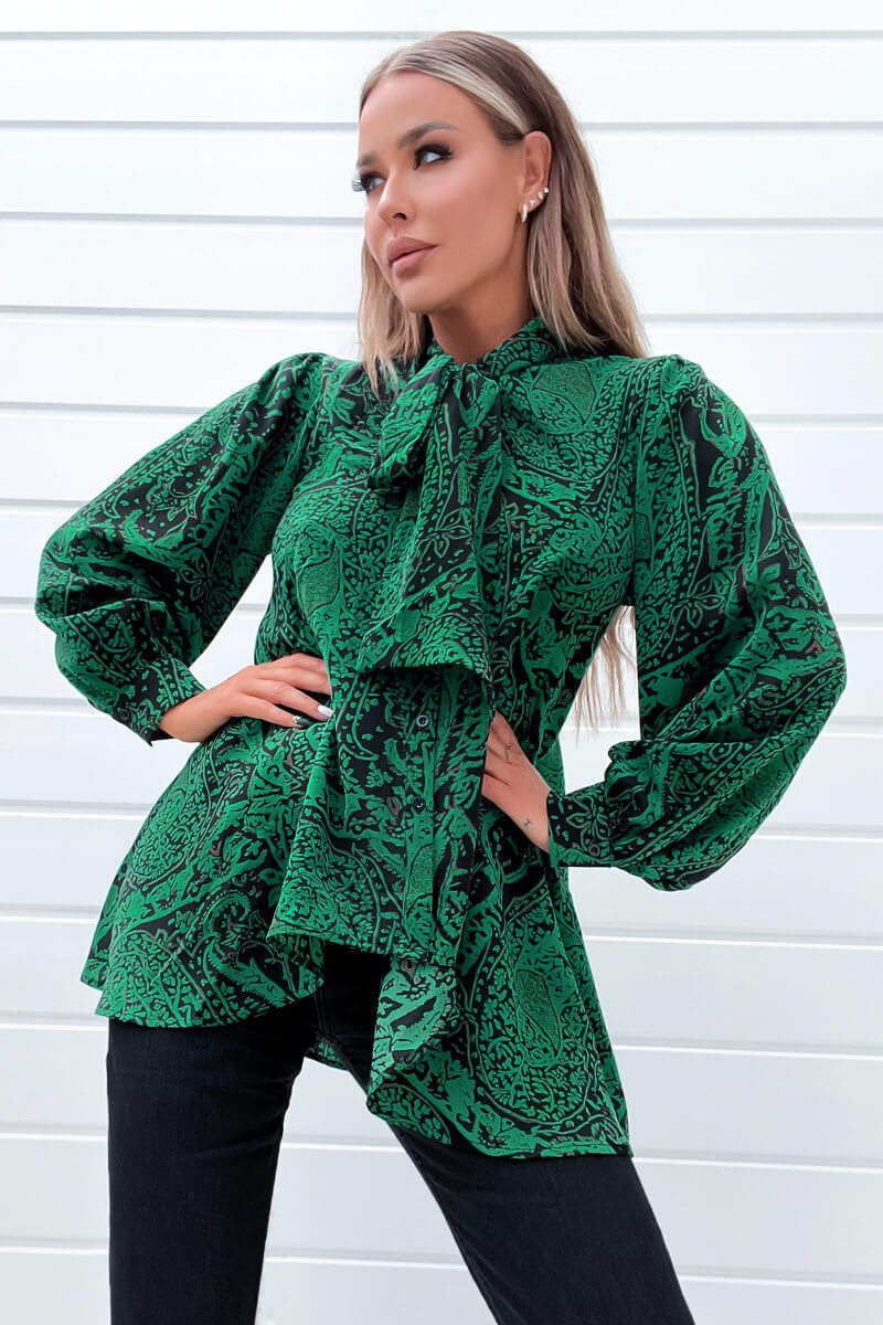 Green Printed Tie Neck Blouse - Image 2