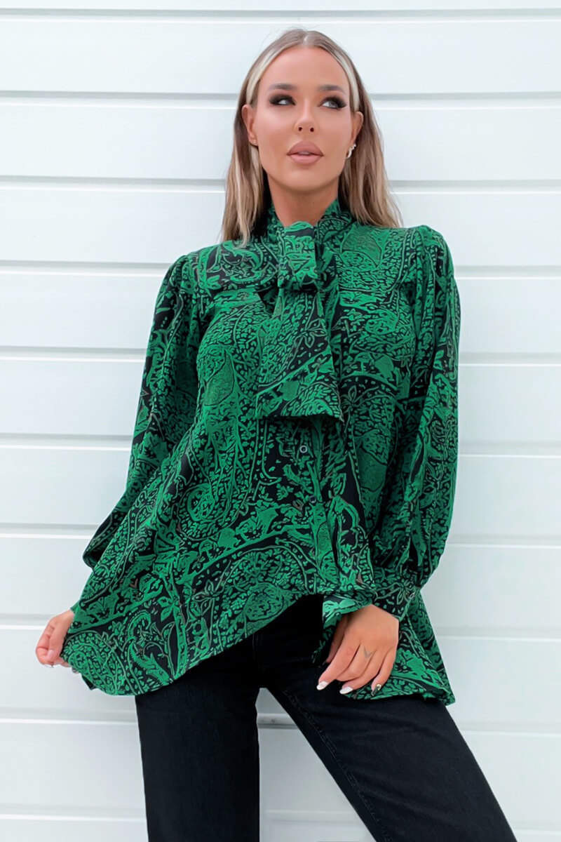Green Printed Tie Neck Blouse - Image 3