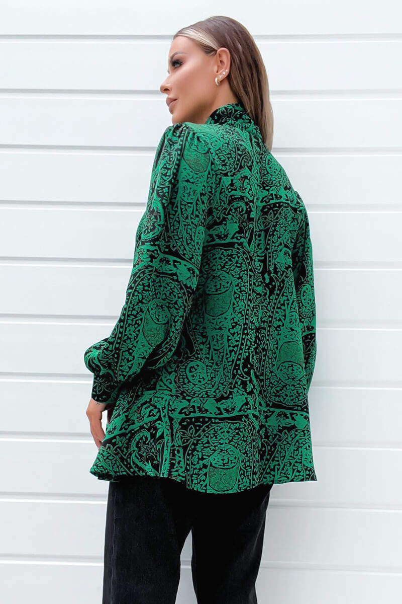 Green Printed Tie Neck Blouse - Image 4