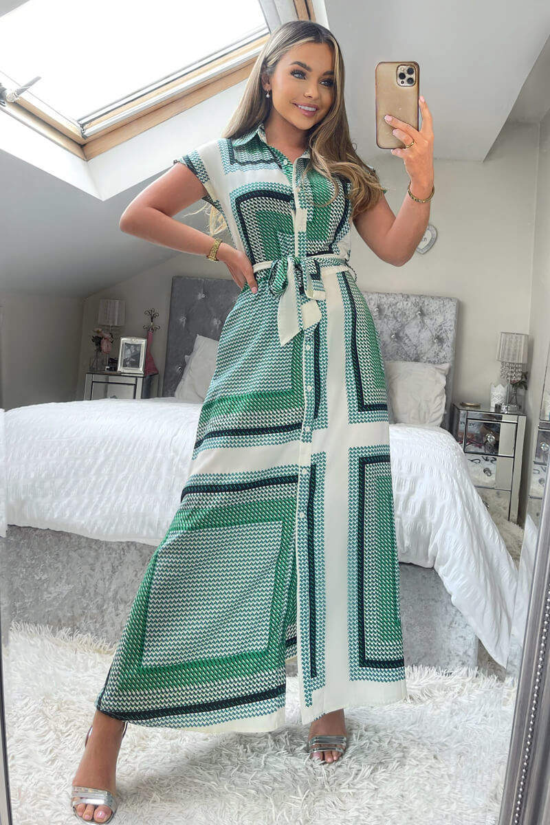 Green Printed Tie Waist Button Up Midi Dress - Image 5