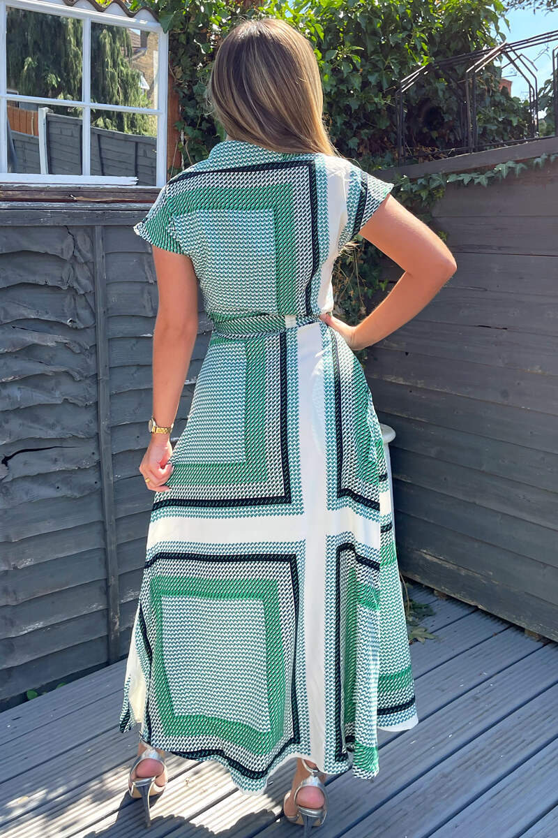 Green Printed Tie Waist Button Up Midi Dress - Image 6
