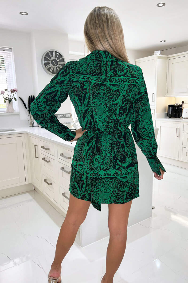 Green Printed Tie Wrap Long Sleeve Mini Dress - Image 5