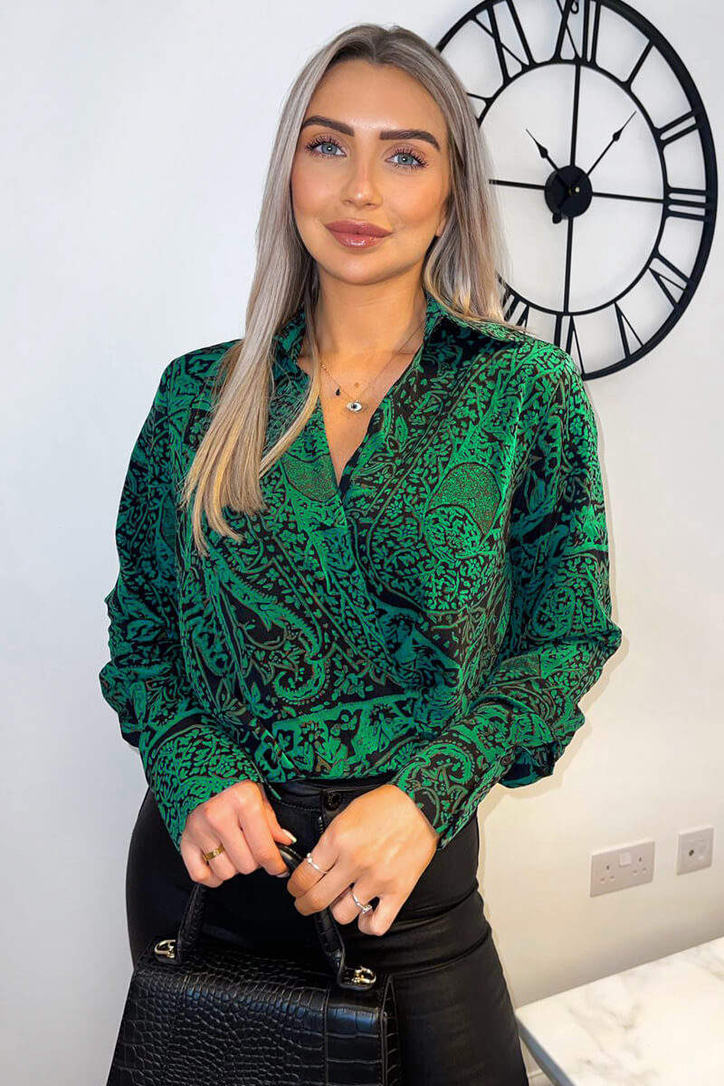 Green Printed V-Neck Long Sleeve Bodysuit - Image 5