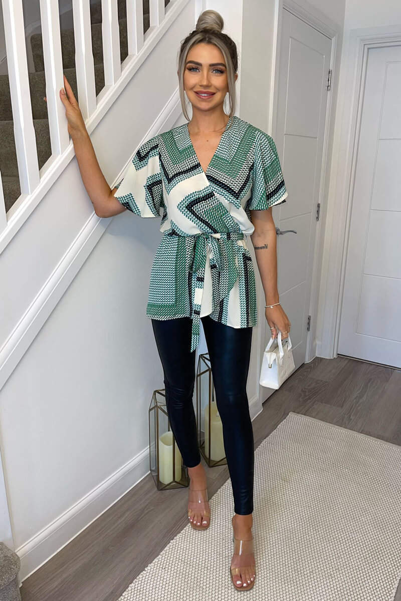 Green Printed Wrap Short Sleeve Belted Top - Image 2
