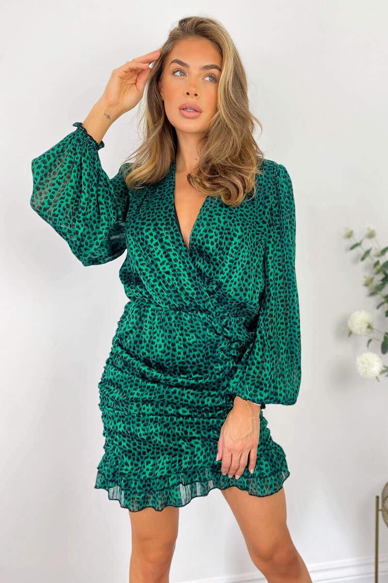 Green Ruched Long Sleeve Mini Dress - Image 3