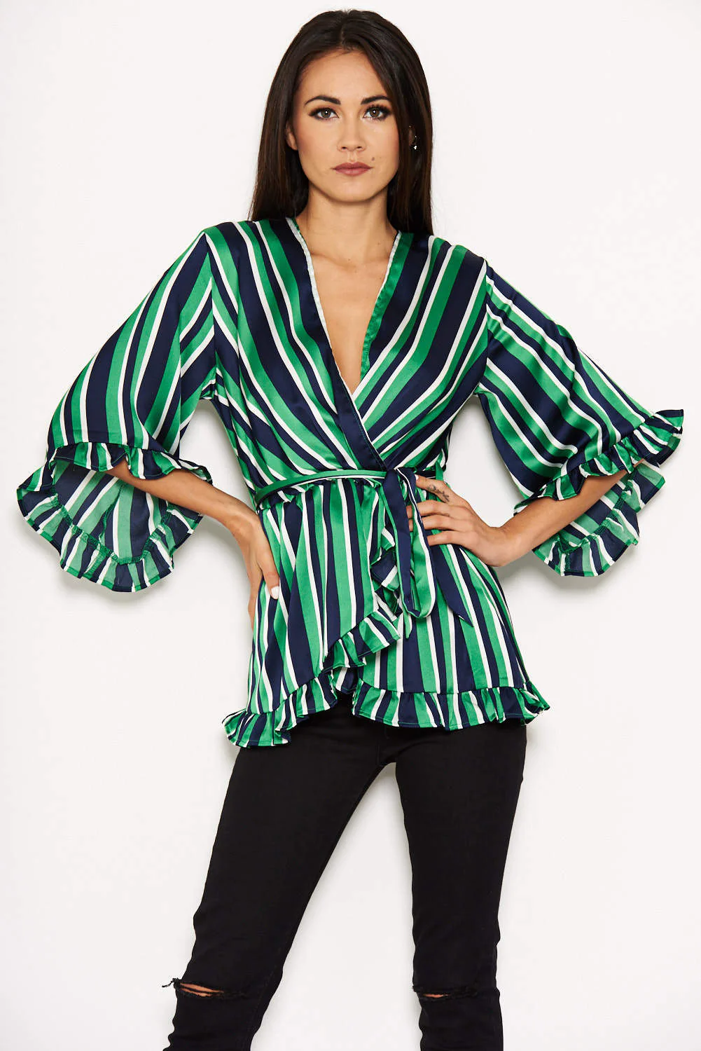 Green Striped Frill Tie Top