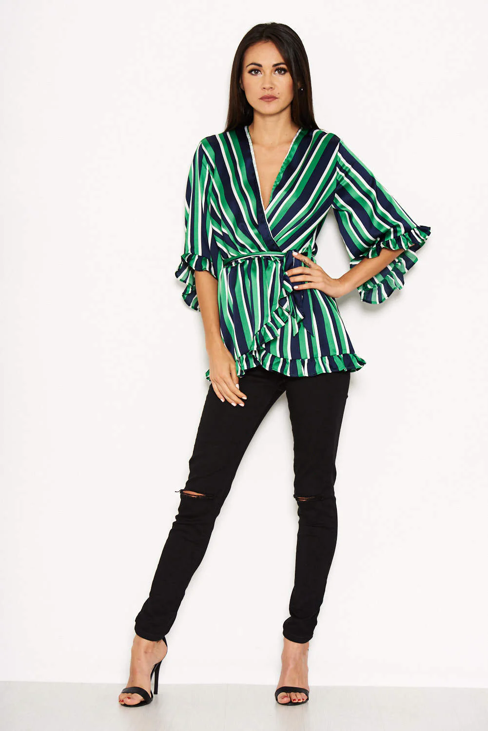 Green Striped Frill Tie Top - Image 2